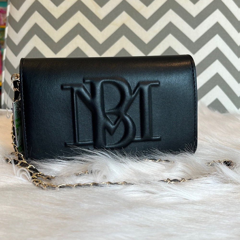 NWT Badgley Mischka small black debossed logo crossbody purse vegan leather